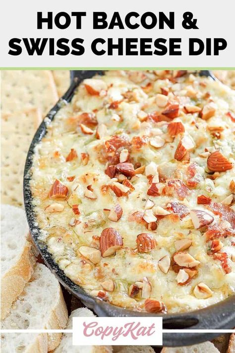 Hot Bacon Swiss Dip will have your friends and family coming back for more. Get the easy recipe for the best dip with bacon, Swiss cheese, cream cheese, green onion, garlic, and almonds. It’s warm, cheesy, creamy, and crunchy. A perfect party appetizer and game day food! Hot Bacon Swiss Dip, Swiss Almond Dip, Bacon And Swiss Dip, Swiss Bacon Dip, Hot Swiss Cheese Dip, Bacon Onion Dip With Cream Cheese, Swiss Cheese Dip Recipes, Swiss Cheese Dip With Mayo, Best Hot Dip