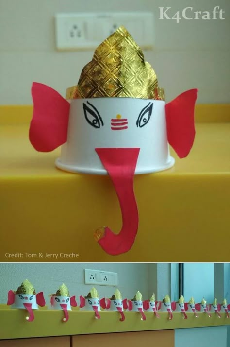 27+ Easy Craft Ideas To Celebrate Ganesh Chaturthi with Kids - K4 Craft Ganpati Craft For Preschool, Ganpati Craft Ideas, Paper Cup Ganesha Craft, Ganesh Chaturthi Activity For Preschool, Ganapati Craft For Kids, Ganesh Chaturthi Craft Ideas, Ganesha Activity For Kids, Ganpati Activity For Preschool, Ganpati Activity For Kids