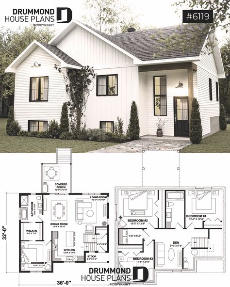 House plan 4 bedrooms, 2 bathrooms, 6119 | Drummond House Plans House Renos, Eco House Design, Drummond House Plans, Nice Homes, Sims Houses, Building House Plans Designs, Garage House Plans, Duplex House Plans, Building House