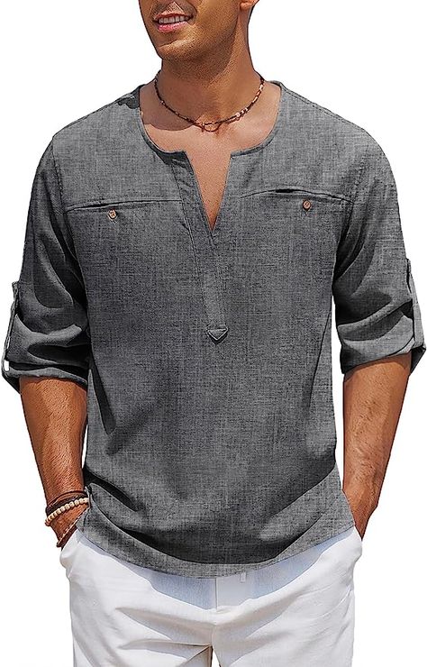 COOFANDY Mens Linen Shirts Long Sleeve Beach Henley Collar Hippie Yoga Renaissance Tunic Dark Gray Large at Amazon Men’s Clothing store Mens Linen Shirts, Collar Hippie, Beach Tops Summer, Hippie Tops, Linen Shirts, Linen Shirt Men, Mens Linen, Beach T Shirts, Henley Shirt