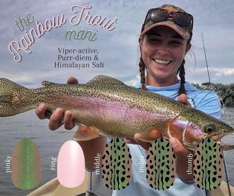 Fishing Lure Nails, Fishing Lure Nail Art, Trout Nail Art, Rainbow Trout Nail Art, Fishing Nails Designs, Trout Nails, Fish Themed Nails, Rainbow Trout Nails, Fishing Nails