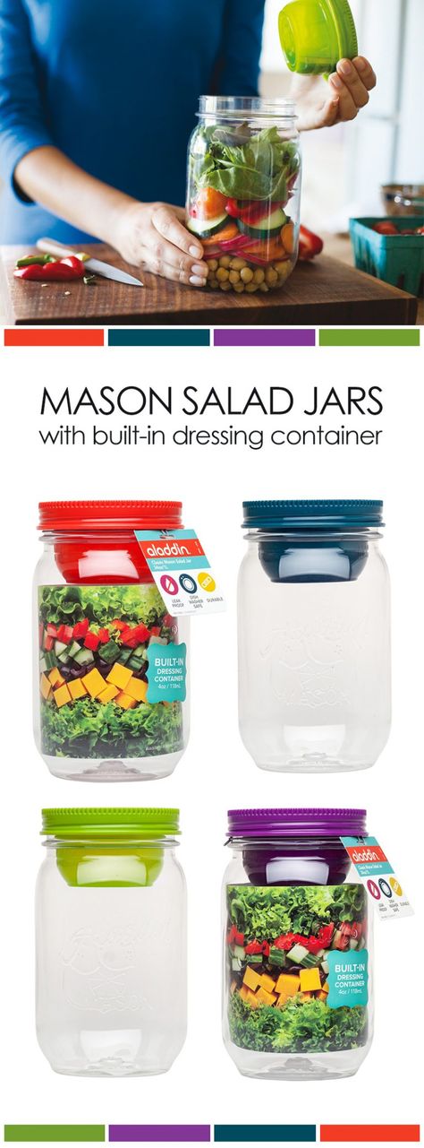 30 Mason Jar Recipes: A Month Worth of "Salad in a Jar" Recipes *Loving this mason jar with built-in dressing container. Salad Lunch Container, Salad Prep Containers, 4 Oz Mason Jar Ideas, Salad In A Jar Recipes, Mason Jar Recipes, In A Jar Recipes, Mason Jar Lunch, Salad Jars, Mason Jar Recipe