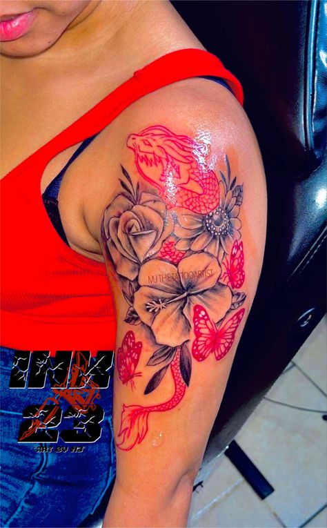 Red dragon Red Shoulder Tattoo, Tattoo Ideas Female Shoulder, Dragon Tattoo With Flowers, Shoulder Piece Tattoo, Dragon Tattoo Shoulder, Black Flowers Tattoo, Dragon Head Tattoo, Hibiscus Flower Tattoos, Gemini Tattoo Designs