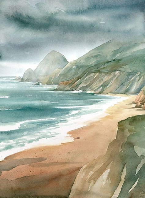 Watercolor Scenery, Watercolor Art Landscape, Canvas For Beginners, Canvas Painting Ideas, Watercolor Ocean, Watercolour Inspiration, Watercolor Paintings Easy, 수채화 그림, Watercolor Landscape Paintings