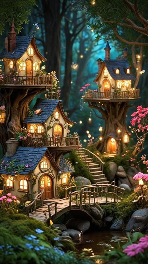 Fairy Garden Fantasy Art, Enchanted Forest Cartoon, Fairy Land Magical Forest, Fairy Architecture, Painting Fairy Houses, Enchanted Forest House, Mystical House, Magical Fairy Forest, High Quality Nature