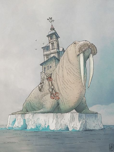 ArtStation - WalRus Outpost Gregory Fromenteau, Walrus Drawing, Wall Pepper, Japanese Mythical Creatures, Fairytale Art, Architecture Illustration, Ocean Creatures, Urban Fantasy, Fantasy Artwork