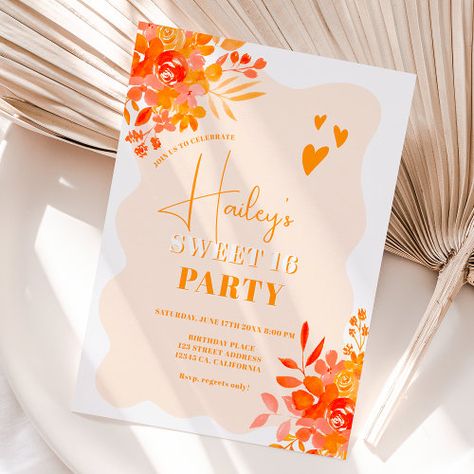 Hot orange wavy frame boho floral Sweet 16 #wavytrendyborder #hotpinkbotanicalflowers #fundigitaldownload #sweetsixteenbirthdayparty #brightboldallagebirthday #sweet16partythemeideas #retroorangesquigglyframe #hotorangebotanicalflowers #modernhotorangesweet16 #brightorangesrosefloralwatercolor Orange Sweet 16, Sweet 16 Party Theme Ideas, Floral Sweet 16, Sweet 16 Party Themes, Flower Birthday Invitations, Wavy Frame, Orange Invitation, Birthday 21, Sweet Sixteen Birthday Invitations