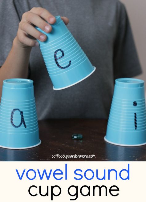 Vowel sounds are hard to practice, especially the A, E, and I. To make the phonics practice fun we created a fun vowel sounds practice game with cups! Vowel Intensive Activities, Vowels Kindergarten, Vowel Sounds Activities, Long Vowels Activities, Short Vowel Activities, Vowel Practice, Teaching Vowels, Phonics Ideas, Abc Learning