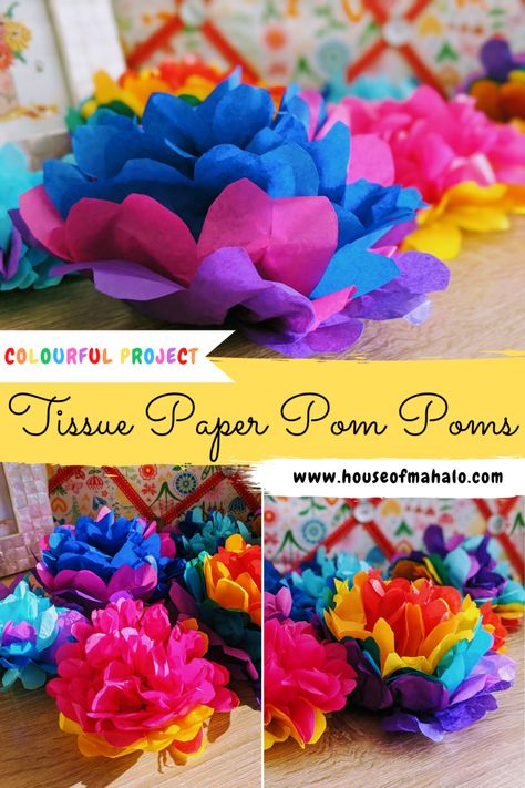 Diy Paper Pom Poms, Diy Tissue Paper Pom Poms, Mexican Tissue Paper Flowers, Tissue Paper Pom Poms Diy, Mexican Paper Flowers, Cricut Corner, Folding House, Encanto Birthday, Crepe Paper Flowers Diy