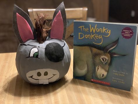 Wonky Donkey Pumpkin, Donkey Pumpkin, Wonkey Donkey Craft, Wonky Donkey Costume, Book Pumpkins, Storybook Painted Pumpkins, Wonky Donkey Activities, Story Book Pumpkin Characters, Pumpkin Characters From Books