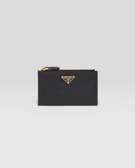 Black Saffiano Leather Card Holder | PRADA Leather Badge Holder, Prada Mini, Woman Card, Prada Saffiano, Luxury Purses, Leather Card Holder, Fashion Wishlist, Prada Wallet, Black Wallet