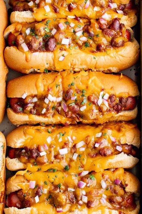 Chili Cheese Dogs Recipes, What To Make With Chili, Wife Meals, Hotdogs Recipes, Chili Cheese Dog Bake, Chili Cheese Dog Recipe, Chilli Cheese Dogs, Chili Dog Bake, Baked Chili Cheese Dogs