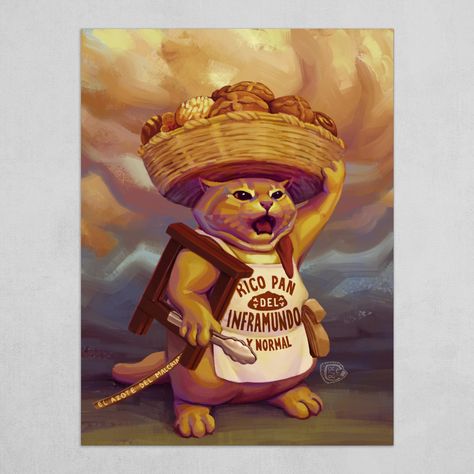 ArtStation - PAN DEL INFRAMUNDO Y NORMAL Art Poster Unique Art Prints, Funny Cute Cats, Mexican Art, Cat Illustration, Cat Drawing, Cat Pics, Cat Art, A Cat, Animal Art