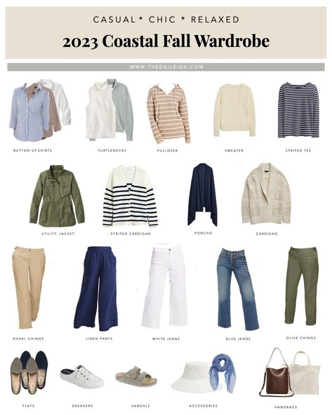 2023 Coastal Fall Capsule Wardrobe — THE DAILEIGH Coastal Fall Capsule Wardrobe, Coastal Grandma Capsule Wardrobe, Coastal Grandma Fall Outfits, Fall Coastal Outfits, Coastal Fall Outfits, Coastal Grandma Outfits, Coastal Grandma Fall, Women Wardrobe Basics, Fall Capsule Wardrobe 2023