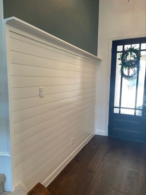 Shiplap Wall With Pictures, White Shiplap With Blue Walls, Shiplap Half Wall With Ledge, Shiplap Accent Wall Entryway, Shiplap Accent Wall Dining, Half Shiplap Wall Bedroom, Partial Shiplap Wall, Shiplap Wall Entryway, Entryway Shiplap Wall