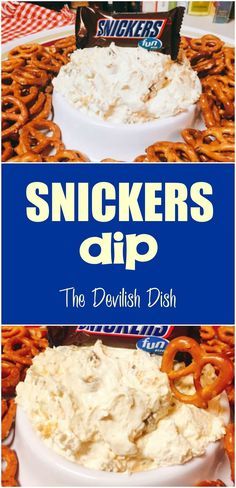 THE DEVILISH DISH: Snickers Dip Gf Tailgate Food, Snicker Dip Recipe, Sweet Tailgate Treats, Trivia Food Snacks, Snickers Dip Recipe, Pretzels And Dip, Dips To Eat With Pretzels, Trivia Snack Ideas, Easy Snacks For Seniors