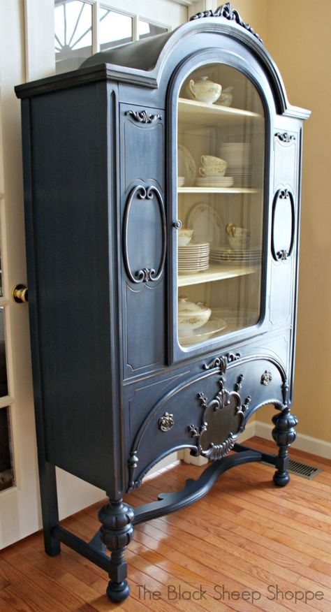 Antique China Cabinet Redo, Jacobean China Cabinet Makeover, Painted Jacobean China Cabinet, Blue Painted China Cabinet, Painted Vintage China Cabinet, Painted Antique China Cabinet, Blue Hutch Makeover, Vintage China Cabinet Makeover, Antique China Cabinet Makeover