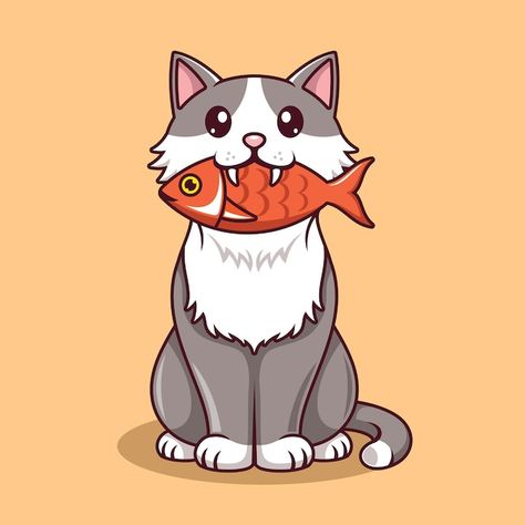 Cat Eating Fish Illustration, Cat With Fish Drawing, Cat Eating Fish Drawing, Cat And Fish Illustration, Cat Eating Illustration, Cat Eating Drawing, Cookies Illustration, Cat With Fish, Funny Cat Art