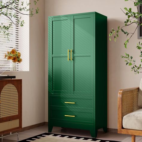 Green 71" Metal Armoire Wardrobe Closet, Bedroom Clothing Storage Cabinet with 2 Drawers, Bedroom Clothing Storage, Wardrobe Closet Bedroom, Armoire Wardrobe Closet, Metal Storage Cabinet, Armoire Wardrobe, Suitcase Storage, Furniture Storage Cabinets, Portable Closet, Closet Office