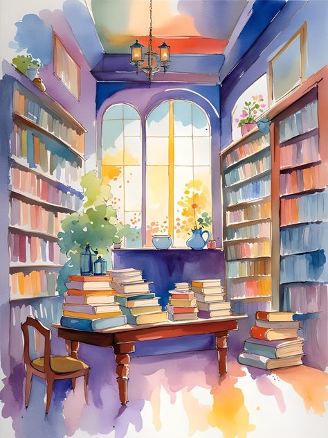 Library Watercolor Painting, Watercolor Books Painting, Reverse Painting, Anime House, Gif Background, Paper Background Design, Watercolor Books, Easy Watercolor, Drawing Artwork