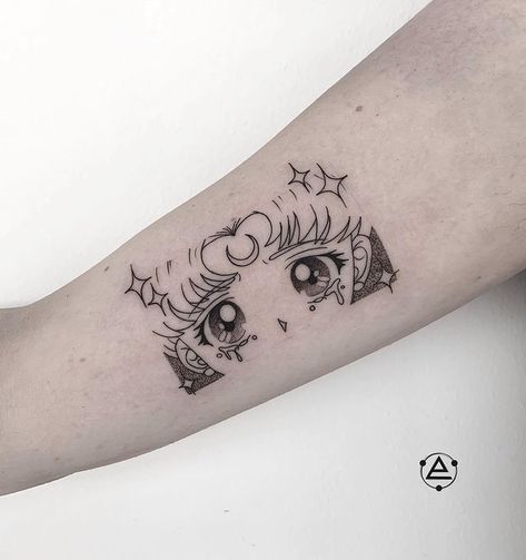 Sailor Moon anime tattoo Sailor Moon Arm Tattoo, Sailor Moon Panel Tattoo, Saloir Moon Tattoo, Sailor Moon Simple Tattoo, Sailor Moon Leg Tattoo, Sailor Moon Line Art Tattoo, Pretty Anime Tattoos, Sailor Chibi Moon Tattoo, Anime Frame Tattoo