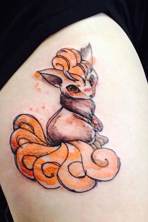 Vulpix Pokemon Tattoo, Vulpix Tattoo Design, Alolan Vulpix Tattoo, Vulpix Tattoo, 9 Tails Fox Tattoo, Tattoo Therapy, Watercolour Tattoo, Fox Tattoo Design, Flash Ideas