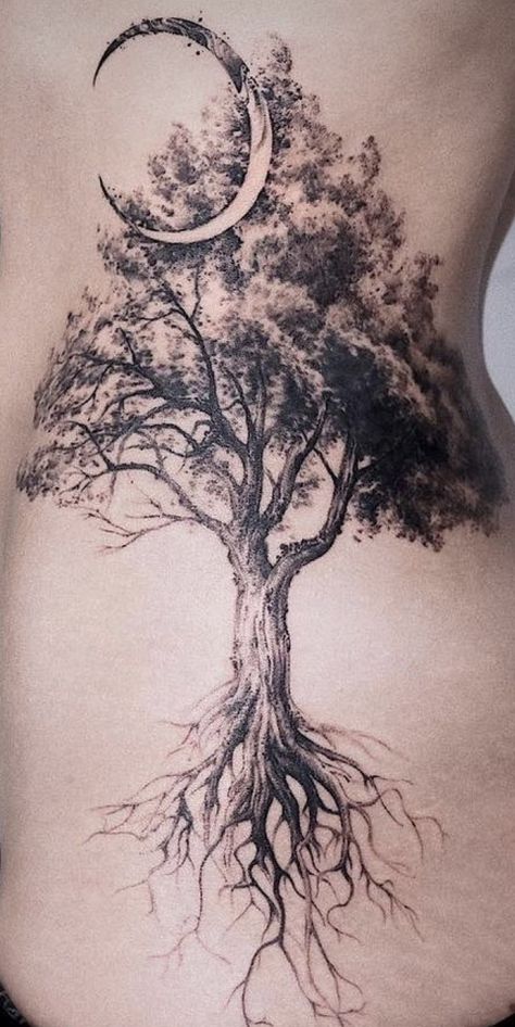 Tree And Leaves Tattoo, Tree Root Tattoos For Women, Tree Tattoo Designs For Women, Spiritual Sleeve Tattoo, Odin Tattoos, Yggdrasil Tattoo, Tree Tattoo Ideas, Tree Roots Tattoo, Beautiful Back Tattoos