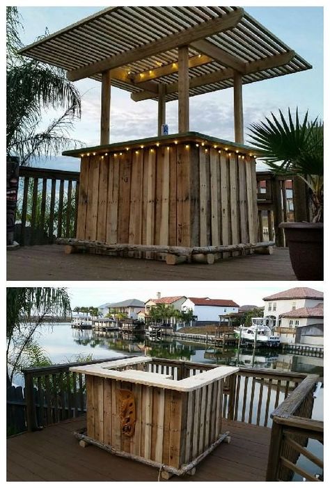 I built this pallet tiki bar with three pallets as the base and eventually added the pergola top for shade … Palet Bar, Wooden Pallet Bar, Bar Pallet, Bar En Plein Air, Pallet Bar Diy, Diy Outdoor Bar, Outside Bars, Bar Exterior, 1001 Pallets