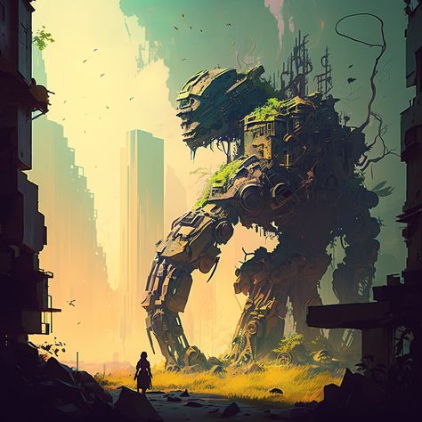 Surreal Cyberpunk Cityscape with Ancient Ruins and Robots Overrun by Nature Overgrown Machine, Overgrown Cyberpunk, Overgrown Robot, Overrun By Nature, Dystopian Ideas, Ancient Robot, Bg Illustration, Overgrown Ruins, Apocalyptic Landscape