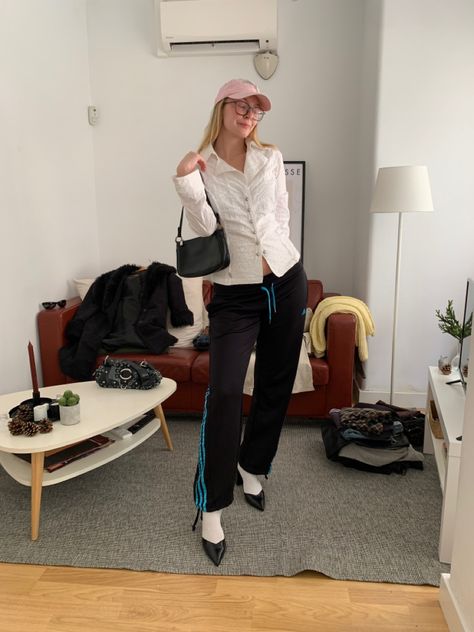 Adidas track pants, pointed toe heels, heels with socks Adidas Socks Outfit, Heels With Socks Outfit, Adidas Ankle Socks, Heels And Socks, Adidas Socks, Adidas Track Pants, Adidas Track, Sock Outfits, Socks And Heels