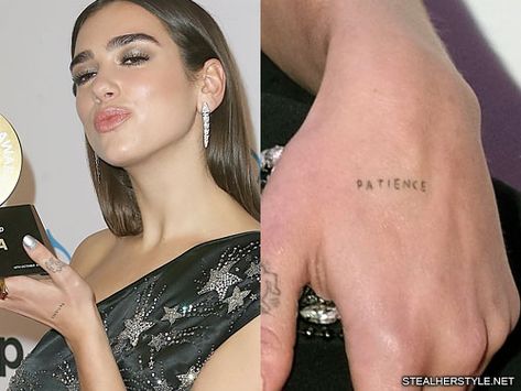 Dua Lipa's Tattoos & Meanings | Steal Her Style Sean From Texas, Dua Lipa Tattoo, Medical Alert Tattoo, Back Of Hand Tattoos, Patience Tattoo, Photo Writing, Simple Lettering, Henna Tattoo Hand, Back Of Hand