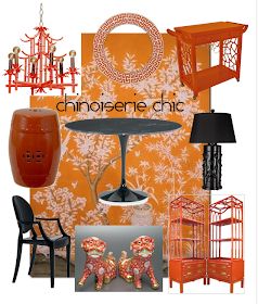 Orange And Pink Bedroom, Chinese Mood Board, Chinoiserie Chic Interior Design, Living Room Blue And White, Orange Chinoiserie, Asian Living Rooms, Chinoiserie Dining Room, Chinoiserie Living Room, Modern Asian Decor