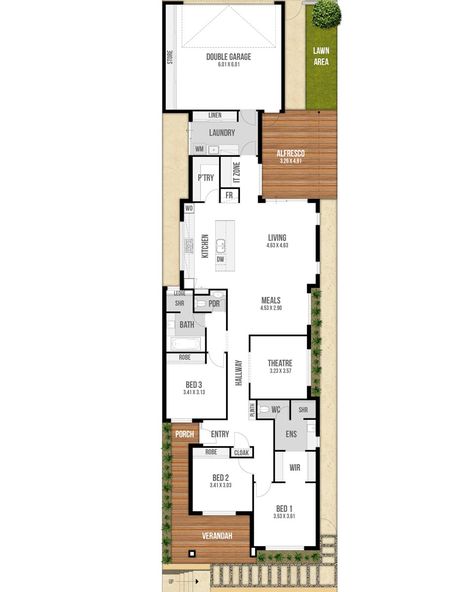 With it's spacious verandah, unique side entry, cloak cupboard and massive kitchen & laundry, there's certainly no sacrifices made in this spacious, open-plan home design. Narrow House Plans, Narrow Lot House, Small Floor Plans, Narrow Lot House Plans, Two Story House Plans, Free House Plans, Long House, 4 Bedroom House Plans, Garage House Plans