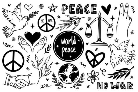 Peace symbol icon set. Hand drawn illustration isolated on white background. Pacifism sign - dove, handshake, olive branch, heart, planet. No war, monochrome doodle collection. Symbols Of Peace, Peace Drawing, Winter Art Lesson, Peace Poster, Symbol Drawing, Simple Mehndi Designs Fingers, Peace Illustration, Positive Quotes For Life Motivation, Hand Drawn Illustration