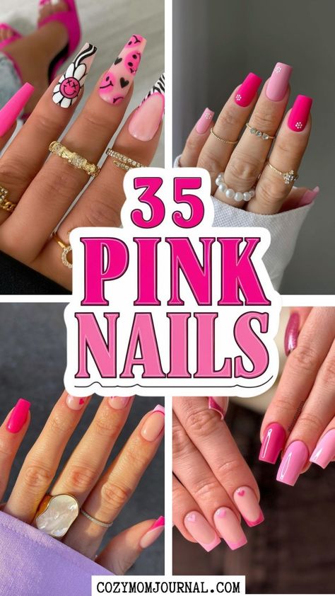 Collage of various pink nail designs with decorative accents. Pink Glitter Stilleto Nails, Square Pink Nails Ideas, Pink Nail With Design, New Years Nails Pink, Cute Pink Birthday Nails, Fuschia Nails Design, Easy Acrylic Nail Designs, Baby Pink Nail Art, Gray And Pink Nails