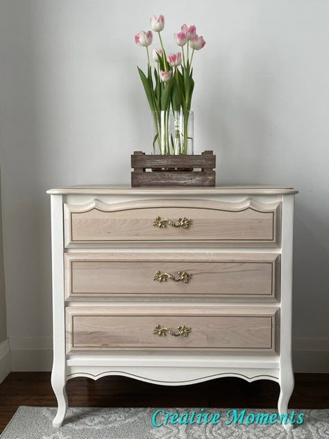 I LOVE French provincial bedroom furniture, the classic feminine style is just so elegant. I like to refinish in the classic traditional white but with this cutie I wanted to keep the fabulous wood grain on the top and drawer fronts and think the final look is perfect. Would you agree?The original post on my tutorial blog linked has more details included stenciled drawer sides and videos too. This is the BEFORE!!! After a good scrubbing I used stripper for the dresser top. The top… Two Tone Dresser Painted, French Provincial Chest Of Drawers, French Provincial Bedroom Furniture, Provincial Dresser Makeover, French Country Dressers, Provincial Bedroom, French Provincial Nightstands, French Provincial Bedroom, Dresser Diy