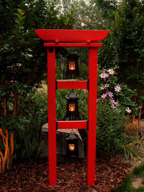 Tranquility Botanical Tower in vibrant red | Botanical Tower… | Flickr Botanical Tower, Japanese Garden Backyard, Ranch Landscaping, Cast Iron Brackets, Eastern Red Cedar, Small Japanese Garden, Landscaping With Large Rocks Front Yard, Japanese Garden Landscape, Modern Rock