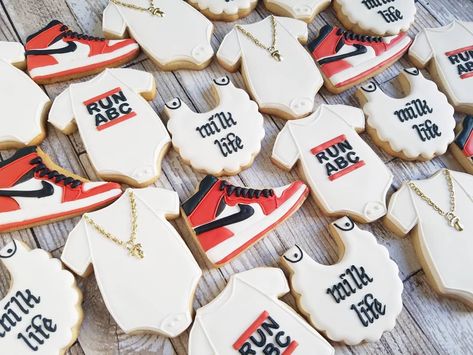 Jordan Themed Baby Shower, 1st Birthday Hip Hop Theme, Sneaker Theme Baby Shower Ideas, Sneaker Baby Shower Theme, Hip Hop Baby Shower Ideas, Nike Baby Shower Theme, 90s Baby Shower Theme, Gender Reveal Decorations Diy, Rock Baby Showers