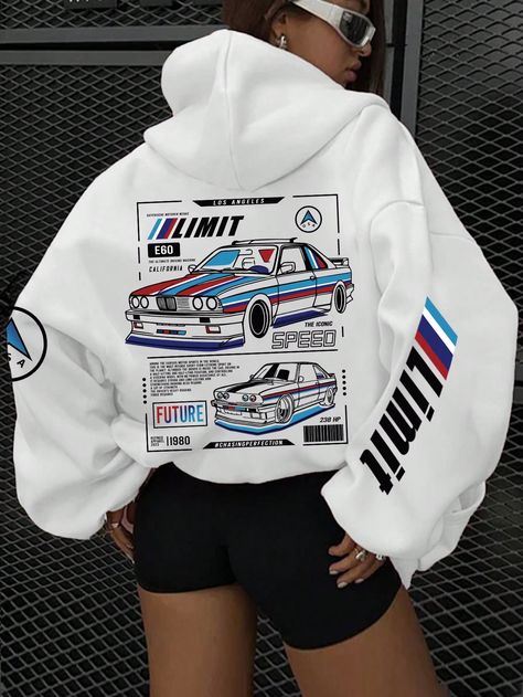 Letter & Racing Car Print Casual Pullover Hoodie Sweatshirt White   Long Sleeve Fabric Letter Zip Up Slight Stretch Fall/Winter Women Clothing, size features are:Bust: ,Length: ,Sleeve Length: Racing Hoodie, Women Sweatshirts, Speed Limit, Sweatshirt White, Sports Hoodies, Sweatshirt Women, Racing Car, Print Pullover, Casual Pullover