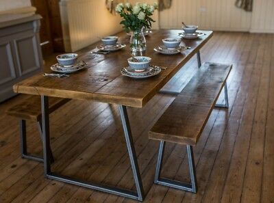 Floating Dining Table, Meja Industrial, Farmhouse Dining Table Set, Industrial Style Dining Table, Industrial Table Legs, Kursi Bar, Kitchen Table Wood, Reclaimed Wood Dining Table, Table And Bench Set