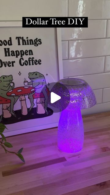 Sheri Wilson on Instagram: "DIY Mushroom Lamp! 🍄 I couldn’t believe how cute this turned out! I used a color changing light inside and found almost everything to make it from Dollar Tree! 

-glass bowl
-tall glass
-color changing puck light 
-stone spray paint
-e6000 glue
-cling wrap
-painters tape

1. Wrap the bowl and glass in cling wrap on the outside, then tape around the rim.
2. Spray the inside of both, then allow to dry completely.
3. Remove the cling wrap, then glue the puck light to the inside of the bowl (light facing up). Allow to set.
4. Add glue around the bottom of the glass, then flip the bowl upside down and attach to the glass. Allow to set.
To change batteries, twist the bowl to unscrew.

#diy #homedecor #diydecor #summerdecor #homediy #dollartreefinds #dollartreediy" How To Paint Glass Light Globes, Crystal Light Containers Repurpose, Color Changing Glass Cups Vinyl, Dollar Tree Light Up Presents, Diy Mushroom Lamp Dollar Tree, Stone Spray Paint, Tree Mushrooms, Bowl Light, Cling Wrap