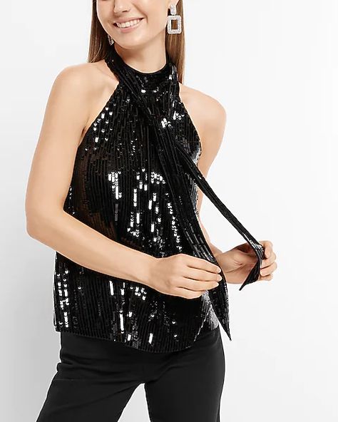 Sequin Tie Neck Halter Sleeveless Top | Express Vintage Concert T Shirts, Black Silk Top, Sequin Halter Top, Dressy Sweaters, Floral Halter Top, Velvet Tank Top, Cute Summer Tops, Small Tank Tops, Sequin Halter