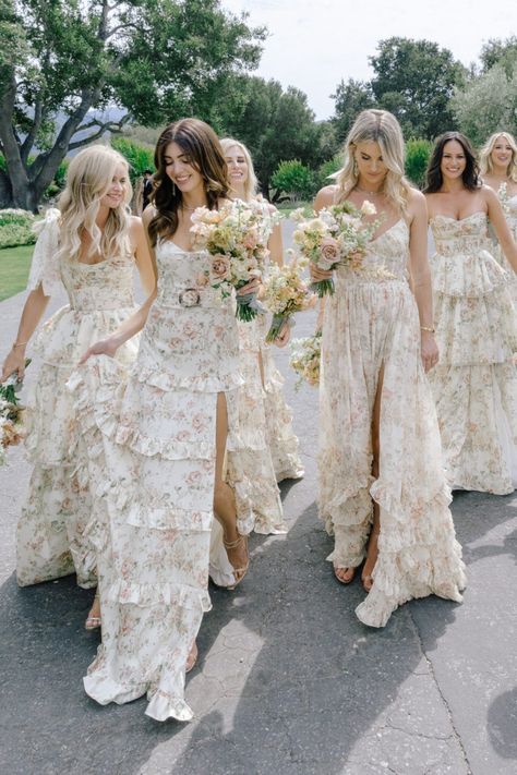 Terracotta Floral Bridesmaid Dresses, Maid Of Honor In Different Dress, Satin Floral Bridesmaid Dresses, Flower Pattern Bridesmaids Dresses, Italy Wedding Aesthetic Bridesmaids, Beaded Floral Wedding Dress, Maid Of Honor Different Dress, Bridesmaid Dress Trends 2023, Neutral Floral Dress