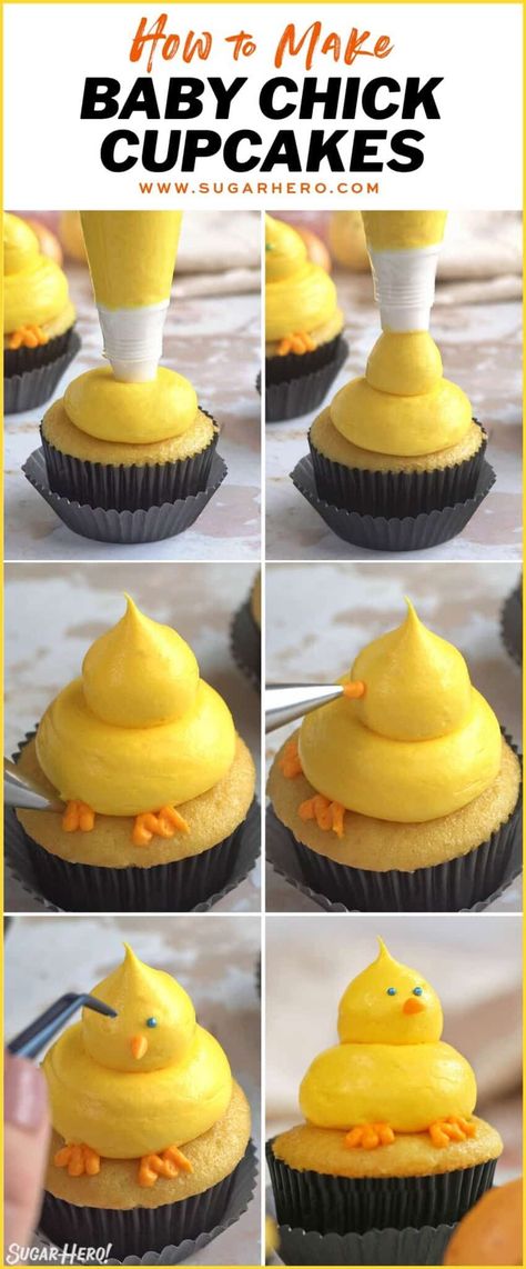 These adorable Baby Chick Cupcakes are made from dollops of rich, smooth buttercream on top of cupcakes of your choice. They are simple, fun and perfect for any spring celebration! #springtime #babychicks #easterdessert #buttercream #sugarhero Chicken Cupcake Cake, Rooster Cupcakes, Chick Baby Shower Theme, Farm Cupcakes, Chick Cupcakes, Chicken Cupcakes, Duck Cupcakes, Chicken Birthday, Smooth Buttercream