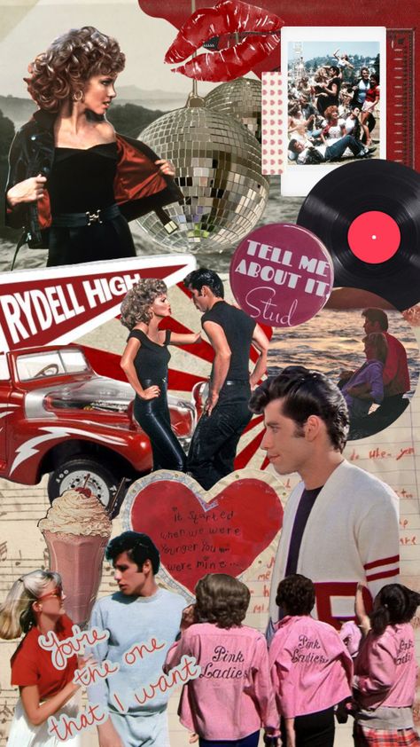 Grease Astethic, Grease Wallpapers Iphone, Grease Wallpaper Aesthetic, Grease Background, Grease Collage, Grease Movie Aesthetic, Grease Wallpapers, Grease Aesthetics, Grease Poster