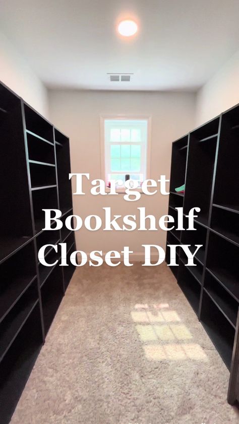 Closet Room Ideas Diy Small Spaces, Low Budget Closet Ideas, Bookcase Closet Organization, Bookshelf To Closet, Diy Master Closet Shelves, Small Closet Bookshelf, Bookshelf Walk In Closet, Small Closet Solutions Storage, Making A Bedroom A Closet