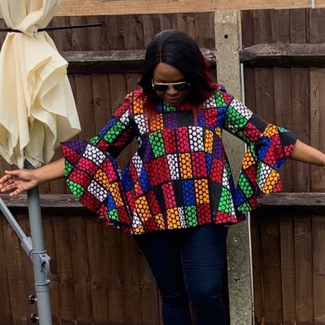 Flare Tops Blouses Ankara, Ankara Flare Tops, Top On Jeans, Different Styles Of Clothes, Ankara Trousers, Maternity Dresses Summer, African Print Tops, Styles Of Clothes, Ankara Tops