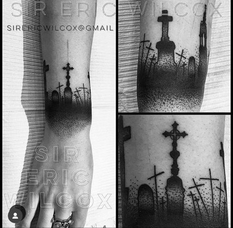 Grave Tattoo, Frankenstein Tattoo, Graveyard Tattoo, Gothic Tattoos, Tattoo Dark, Tattoo Dotwork, Goth Tattoo, Creepy Tattoos, Spooky Tattoos