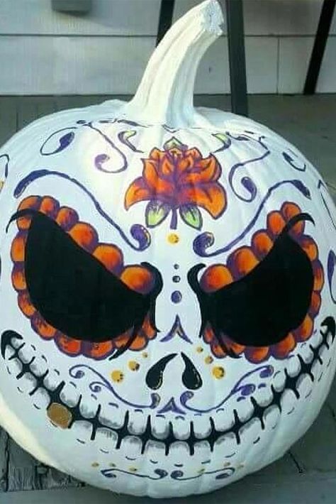 18 Scary Indoor and Outdoor Halloween Decorations That You Can Make Pumpkins Painted Like Animals, Pimkin Paint, Sugar Skull Pumpkin Painting, Paintings On Pumpkins, Pumpkin Competition Ideas, Pumpkin Decorating Ideas No Carve, Sugar Skull Pumpkin, Fall Yard, Carve Pumpkins