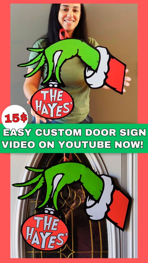 Personalized “Grinch Hand” door hanger Diy Grinch Door Hanger, The Grinch Diy Decoration, Grinch Door Hanger, Grinch Crafts, Grinch Wreath, Grinch Hand, Grinch Hands, Door Hanger Template, Hand Images